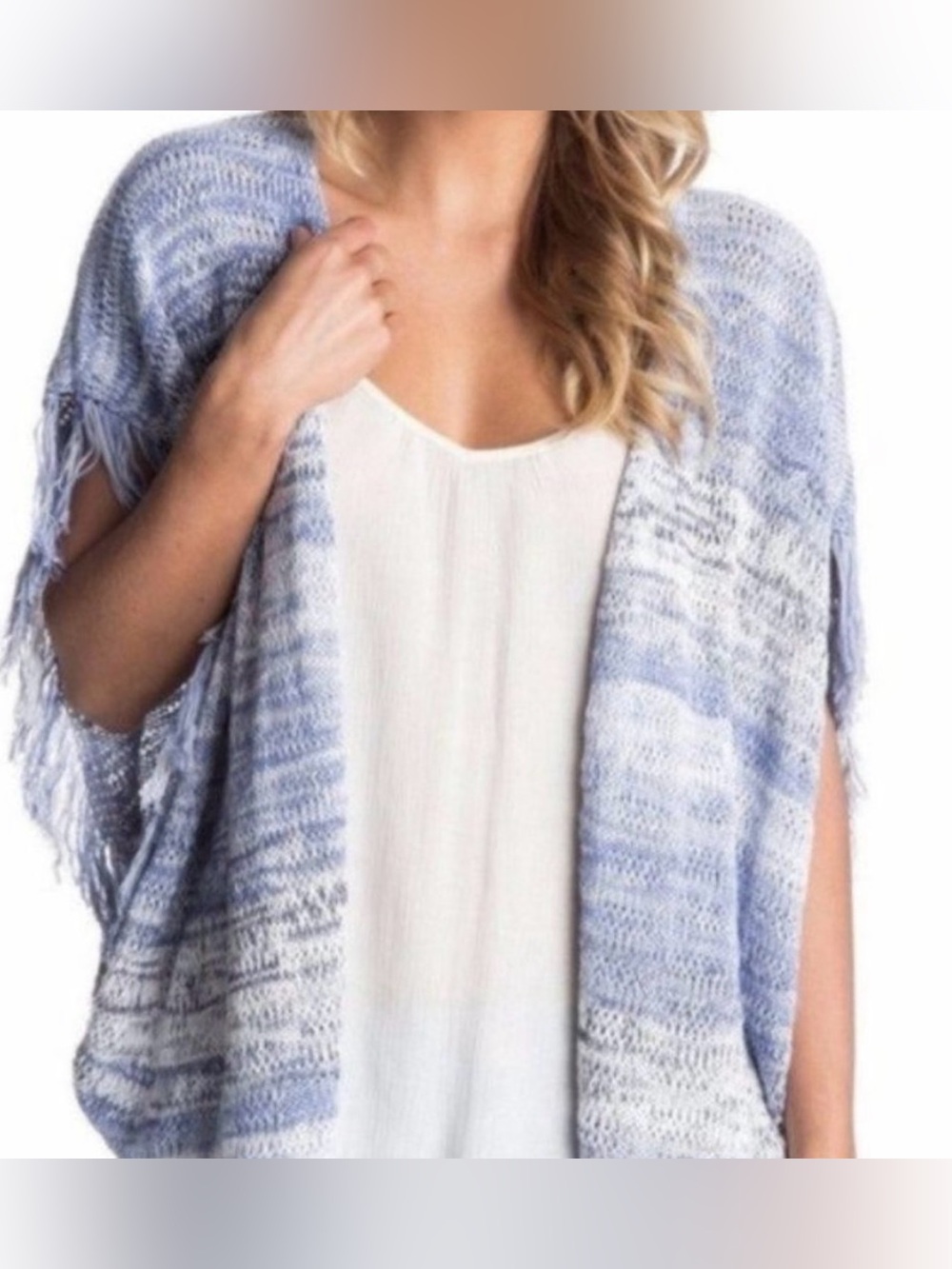 Roxy Light Blue Open Knit Fringe Sweater Wrap
